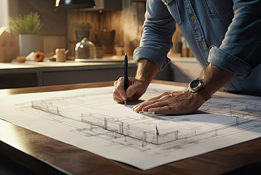 Person zeichnet auf einem Architekturplan auf einem Tisch in einem gut beleuchteten Raum mit Pflanzen und Dekor im Hintergrund.