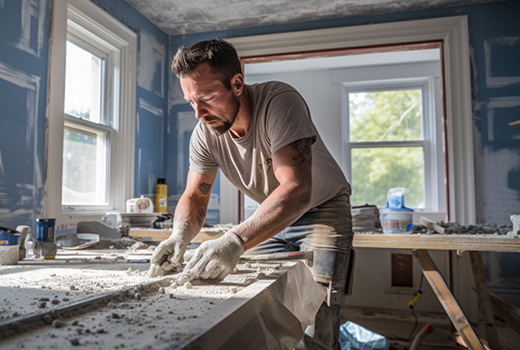 Person in einem Raum mit blauen Wänden und zwei Fenstern, arbeitet an einer Baustelle und formt Beton auf einer Arbeitsfläche.